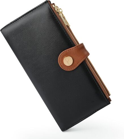 Womens Leather Wallet RFID Blocking Slim Bifold Credit Card Holder Travel Wallet with Double Zipper Pocket(Beige＆Brown) in Saudi Arabia