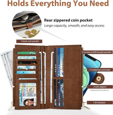 Womens Leather Wallet RFID Blocking Slim Bifold Credit Card Holder Travel Wallet with Double Zipper Pocket(Beige＆Brown) in Saudi Arabia