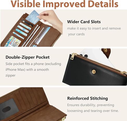 Womens Leather Wallet RFID Blocking Slim Bifold Credit Card Holder Travel Wallet with Double Zipper Pocket(Beige＆Brown) in Saudi Arabia