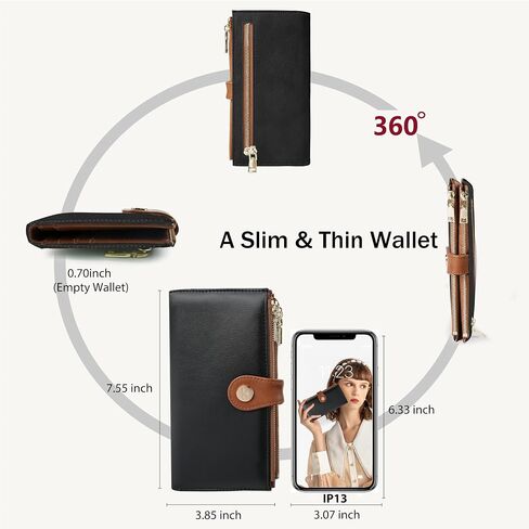 Womens Leather Wallet RFID Blocking Slim Bifold Credit Card Holder Travel Wallet with Double Zipper Pocket(Beige＆Brown) in Saudi Arabia