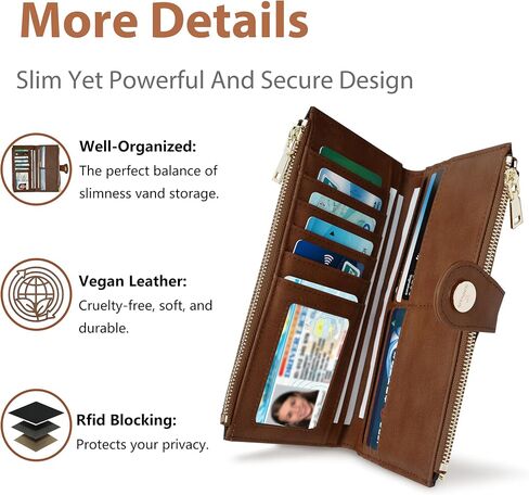 Womens Leather Wallet RFID Blocking Slim Bifold Credit Card Holder Travel Wallet with Double Zipper Pocket(Beige＆Brown) in Saudi Arabia