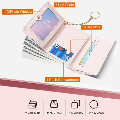 Sunwel Fashion Cute Coquette Bow Wallet مع نافذة معرف حامل البطاقة الجمالية على السلسلة الرئيسية للنساء الفتيات (الوردي) in Kuwait