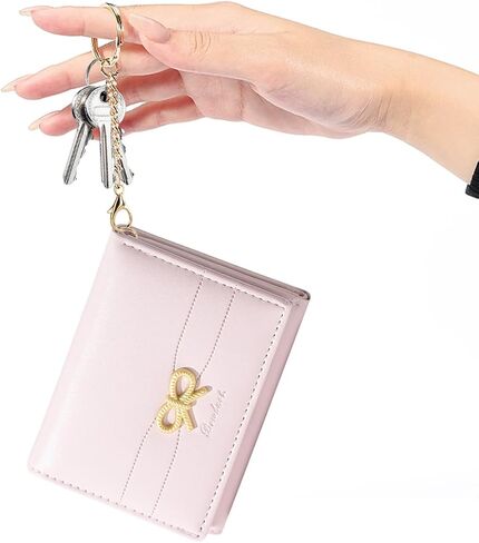 Sunwel Fashion Cute Coquette Bow Wallet مع نافذة معرف حامل البطاقة الجمالية على السلسلة الرئيسية للنساء الفتيات (الوردي) in Kuwait