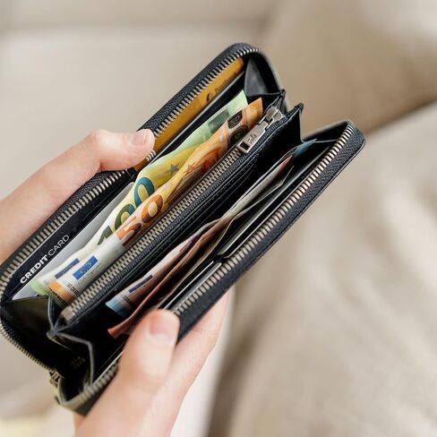 BERLINER BAGS Vintage Genuine Leather Wallet Palma, RFID Blocking Credit Card Holder, Slim Womens Wallet, Zip Around Wallet for 14 Cards, Bills, Coins, ID Window - Brown in Kuwait