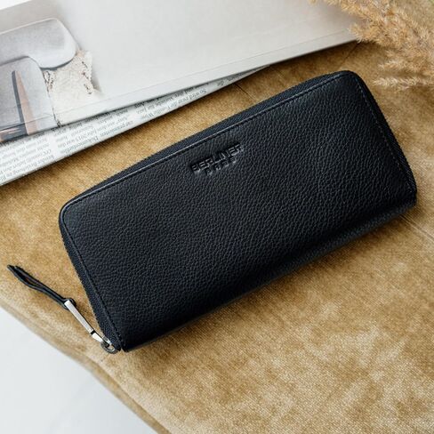 BERLINER BAGS Vintage Genuine Leather Wallet Palma, RFID Blocking Credit Card Holder, Slim Womens Wallet, Zip Around Wallet for 14 Cards, Bills, Coins, ID Window - Brown in Kuwait