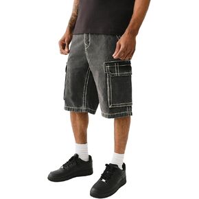 True Religion Men's Big T Vinny Cargo Denim Short - Bullet Black Wash | Slim Fit with Flap Pockets