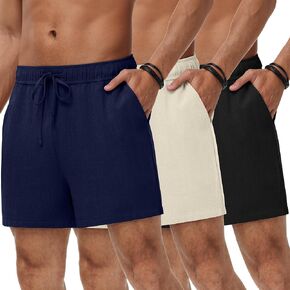 Neer 3 Pack Men's Linen Shorts Casual Cotton Lightweight Elastic Waist Drawstring Summer Shorts with Pockets