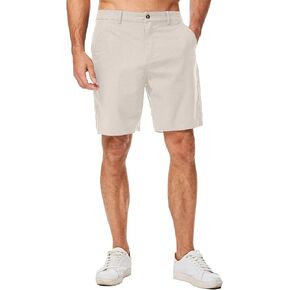 Mens Cotton Linen Shorts Casual Waist Elastic Button Golf Beach Shorts with Pockets