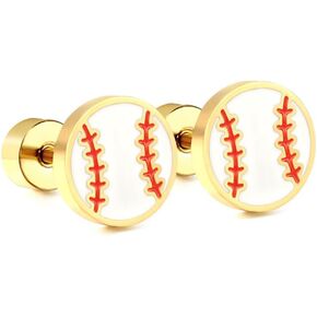 20g Baseball Gold Plated Flat Screw Back Small Stud Earrings for Men Women Minimalist Cute Surgical Steel Enamel Sports Fan Lover Cartilage Piercing Sleeper Tiny Mini Studs Hypoallergenic Birthday Gift for Bff Christmas