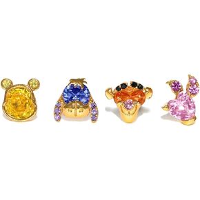 Cartoon Character Crystal Stud Earrings, 925 Silver Gold-Plated Earrings Sutd, 4 Pairs, Multi-Color