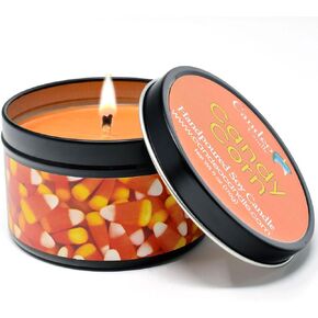 Candy Corn - Halloween Candles - Container Candle, 6 oz - Made with Beeswax, Coconut and Soy - Black Tin Candle - Handmade in The USA - Candeo Candle
