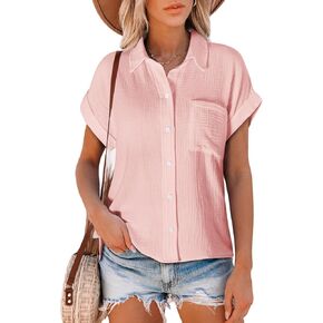 Astylish Women Summer Tops Cotton Short Sleeve Shirt V Neck Button Down Blouse Tunic Tops