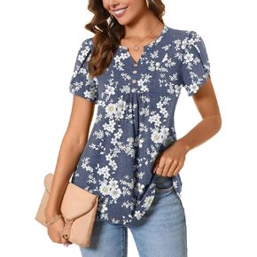 BISHUIGE Womens Casual Summer Top V Neck Loose Tunic Button Ruffle Sleeve Pleated Blouses