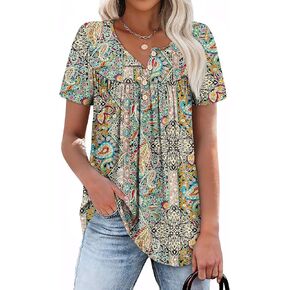 WIHOLL Womens Summer Tunic Tops Button Down Shirts Short Sleeve T-shirts Beach Vacation Clothes Spring S-3XL