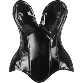 Daisy corsets Womens Top Drawer Steel Boned Black Patent Plunge Neckline Overbust Corset
