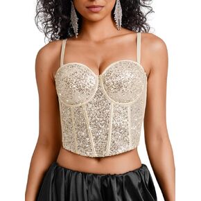Kaei&Shi Sequin Corset Tops,Push Up Sparkly Mesh Bustier Top for Women,Sexy Concert Outfits Festival Disco Party Date Night