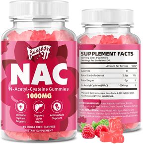 NAC Gummies خالية من السكر ، N-acetyl cysteine ​​NAC مكملات 1000 ملغ لمضادات الأكسدة ، الدعم المناعي ، غير المعدلة وراثيا ، خالية من الغلوتين ، نكهة توت العليق ، 60 جنة.