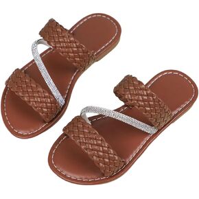 Verdusa Girl's Braided Rhinestone Sandals Boho Woven Two Band Open Toe Slip on Slippers