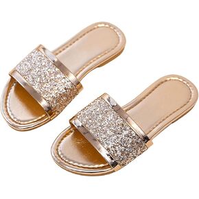 Oyoangle Girl's Rhinestone Metallic Open Toe Sandals Sliper Sparkly Single Slip على النعال الخارجية المسطحة في الهواء الطلق