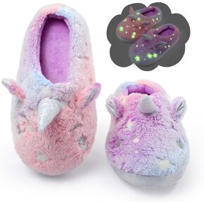 Fuzzy Unicorn Slippers for Boys Girls, Glow in the Dark Memory Foam House Slipper, Anti Slip Soles(Little Kid/Big Kid)