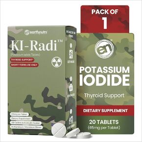 أقراص EarthNutri KI-Radi™ يوديد البوتاسيوم 65 مجم (20 قرصًا) في عبوة مانعة للتسرب من رقائق معدنية - مكمل أقراص يود البوتاسيوم