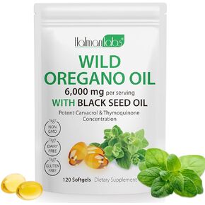 Oil of Oregano Softgels, 120 Count 2 in 1 6000mg Oil of Oregano with Black Seed Oil 200mg, Plant Based, Organic Oregano Oil Supplement Capsules, Non-GMO & Immune Support