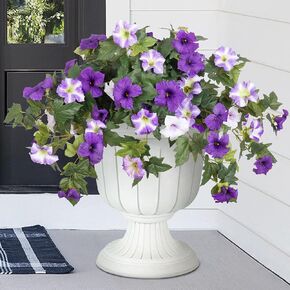 Artificial Fake Flowers Plants for Outdoor Decoration, 2PCS Spring Faux Petunias Silk Flower UV Resistant No Fade Floral for Home Garden Balcony Yard Porch Realistic Indoor Decor (Purple White)