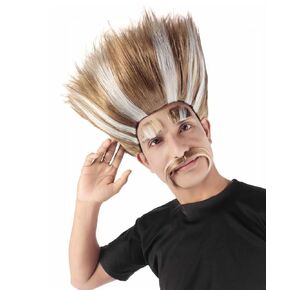 HPO King Troll Wig with Eyebrows and Mustache | Pink with White Stripes Wigs for Teen Sizes | Halloween Troll Cosplay and Themed Party Wig