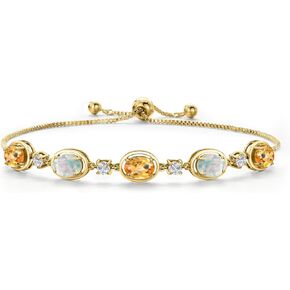 18K Yellow Gold Plated Silver Yellow Citrine and Simulated White Opal and Moissanite Tennis Bracelet For Women | 4.28 Cttw | November Birthstone | Oval Checkerboard 7X5MM | Fully Adjustable 10 Inch