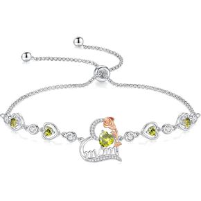FANCIME Mom Birthstone Bracelet for Women Rose Heart Bracelet Mother’s Day Gift Jewelry Gifts for Grandmother Wife, 9 Inches Adjustable