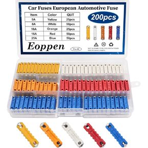 200Pcs Torpedo Fuses European Automotive Fuse Assortment Kit 5A 8A 10A 16A 25A for Old Style Classic Cars