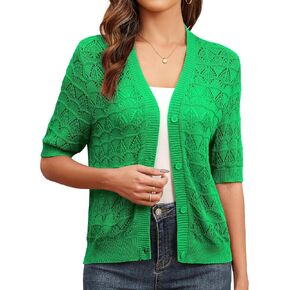 Genhoo Cropped Cardigan Sweaters for Women Short Sleeve Crochet Knit Bolero Shrug V-Neck Button up Hollowed-Out Knit Sweater