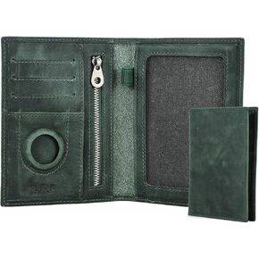 Full Grain Leather Airtag Passport Holder RFID Blocking Travel Passport Wallet Slim Passport Cover Case with 4 Cards Slots, Coin Pocket (Green)