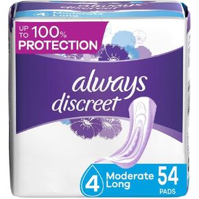 Always Discreet, Incontinence & Postpartum Pads For Women, Size 4, Moderate Absorbency, Long Length, 54 Count