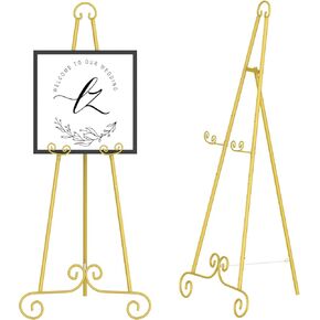 46" H Metal Round Tube Scroll Display Easel, Vintage Gold Decorative Large Adjustable Floor Standing Easel with Chain Support, Perfect for Showcasing Pictures, Artwork, Picture Frame Wedding Sign Etc