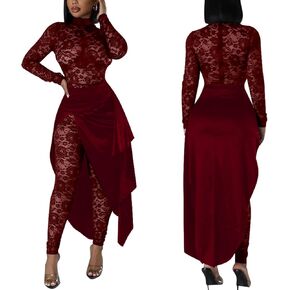 Women's Lace See Through Jumpsuit Bodycon Long Sleeve One Piece Set Pleated High Split Midi Skirt Sexy Y2K Club Outfits