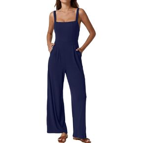 QINSEN Womens Casual Loose Overalls Jumpsuit Square Neck One Piece Sleeveless Wide Leg Rompers Outfits