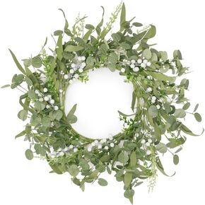 20 Inch Artificial Eucalyptus Wreath for Front Door with Lights, Spring Summer Wreath with Boxwood Wreath for Window Wedding Decor Home Porch Farmhouse Patio Garden Decor