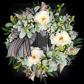 Lambs Ear Wreaths for Front Door Year Round Outside, 20'' Artificial Spring Summer Wreath with Peony Buffalo Bow Green Handmade Farmhouse Home Decor