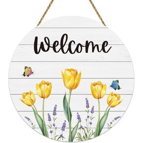 Spring Decorations for Home Wreaths for Front Door Butterfly Tulip Wreath Front Door Decor Wooden Spring Welcome Sign Hanger for Wall Porch Indoor Home Decor(Yellow)