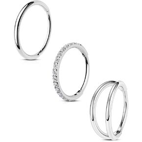 CM Crareesi Mania Nose Rings for Women 3PCS Nose Rings Hoops 316L Surgical Steel Double Hoop Nose Ring Septum Rings Earring Helix Daith Cartilage Tragus Conch Rook