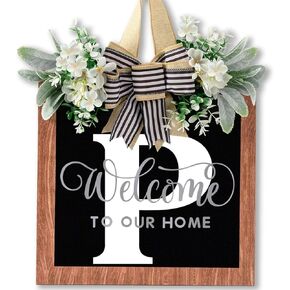 14'' Large Last Name Welcome Door Wreath for Front Door 26 Letter All Year Round Wooden Hanging Decoration for Farmhouse Home Outdoor and Indoor Decor