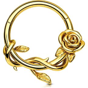OUFER FLower 16G Gold Septum Rings, 316L Surgical Steel Septum Jewelry, Hinged Clicker Daith Piercing Jewelry, Daith Cartilage Helix Tragus Earring Hoop For Women