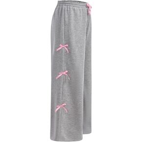 OYOANGLE Girl's Elastic Drawstring Waist Bow Sweatpants Y2K Wide Leg Long Trousers