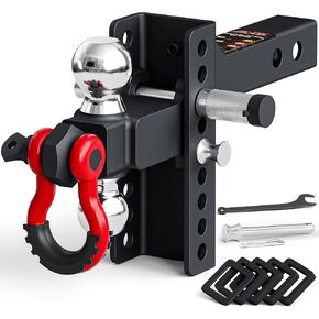 AC-DK Adjustable Trailer Hitch Ball Mount with Lock&Pin&Rotatable Tow Shackle, Fits 2-in Receiver, 4" Rise/Drop, 2-in, 2-5/16-in Hitch Ball, 10000 lbs GTW (Double Ball with Shackle)