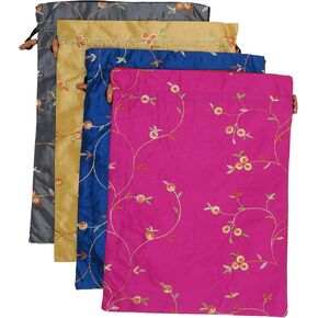 Ouyatoyu 4pcs Embroidered Silk Flower Design Jacquard Travel Bag, Laundry Bags Shoe Bags, Lingerie Bags Underwear Bags for Travel Storage for Men Women Washable Cloth Shoe Bags