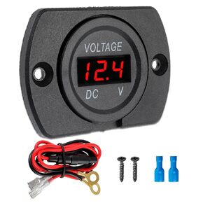 DC 12V 24V بطارية الجهد الجهد عداد المقاومة للماء LED DISTRACE DISTRACTION لوحة فولتميتر تأتي مع جولة صفيحة التثبيت ، وتوصيل الكابلات والمحطات لدراجة نارية البحرية القوارب (الضوء الأخضر)