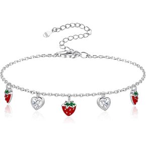 Strawberry Bracelet for Women Sterling Silver: Red Strawberries Shortcake Bracelets Fruit Heart Strawberries Jewelry Birthday Gifts
