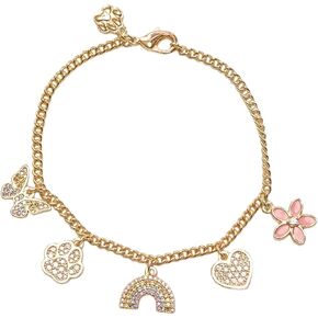 24K Gold Plated Charm Bracelet for Women with Crystal CZ Butterfly, Paw Print, Rainbow Heart and Flower Charms