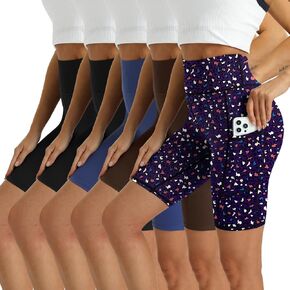 Women's High Waisted Biker Shorts 5 Pack - Tummy Control Yoga Workout Shorts with Pockets